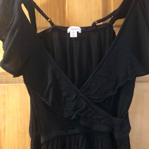 Black Mini Romper with V Neck front, Off-Shoulder